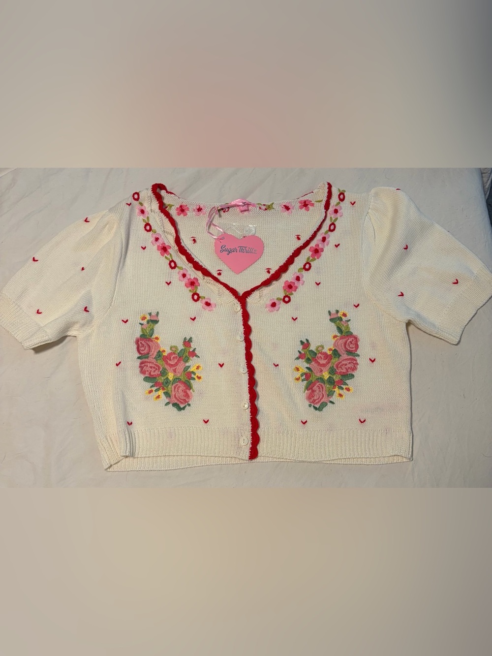 Sugar Thrillz 1X Love In Bloom Cropped Cardigan - Cream Floral Embroidered NWT